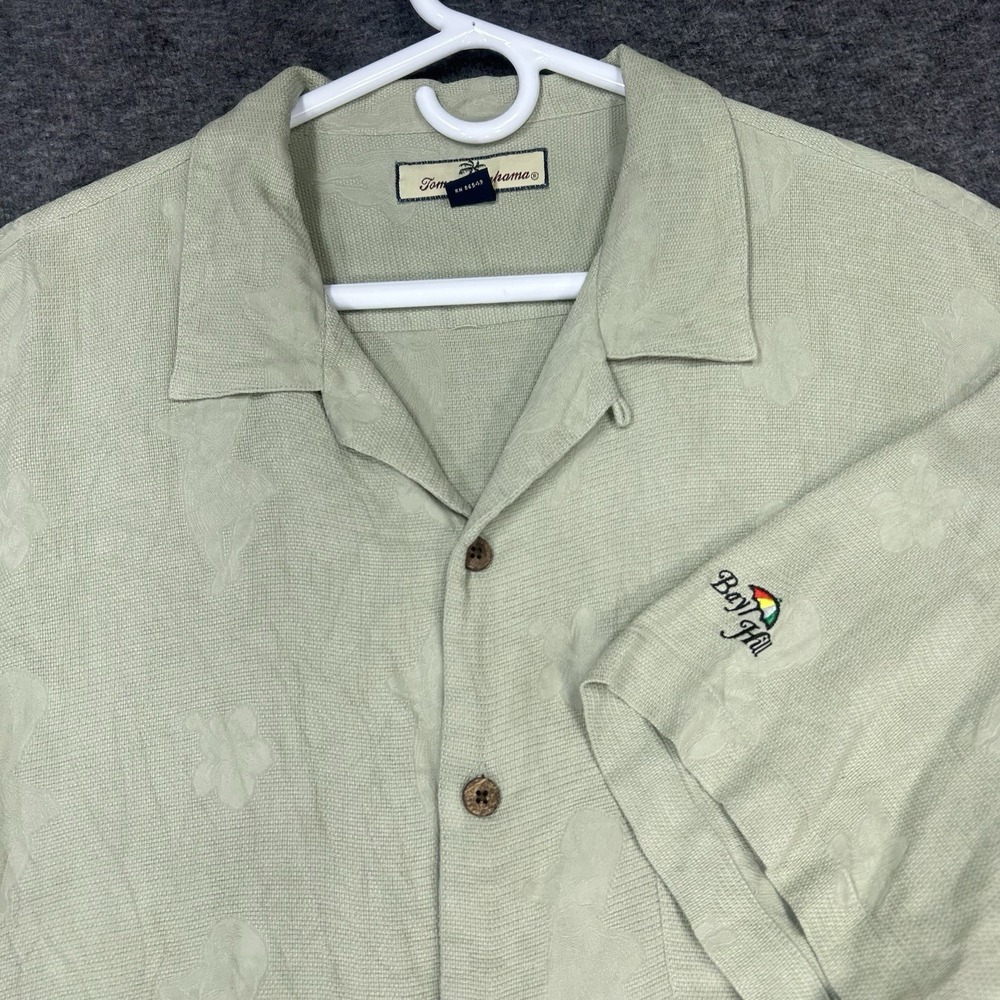Tommy Bahama Camp Shirt Mens XL Green Hula girl Floral Embossed Bay Hill Club